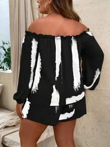 SHEIN Clasi Plus Brush Print Off Shoulder Top & Shorts Fall Cloth For Women - Black and White - View 2