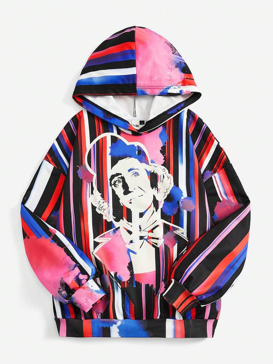 Willy Wonka and the Chocolate Factory X SHEIN Striped & Figure Graphic Hoodie