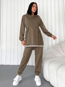 SHEIN Cottnline Thả vai Peplum Hem Áo Hoodie & Quần thể thao - màu nâu - Xem 4