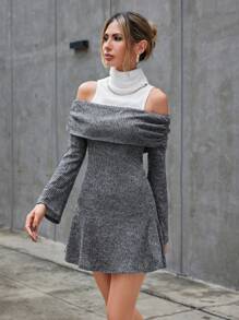 SHEIN Essnce Vai lạnh Gấp lại Đầm - Xám - Xem 5