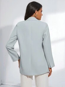 SHEIN Essnce 純色翻領雙排扣西裝外套 - 淺藍色 - 查看 2