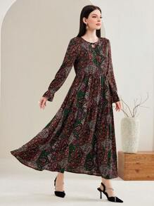 Mulvari Tie-Neck Paisley Modest Long Sleeve Dress - Coffee Brown - View 4