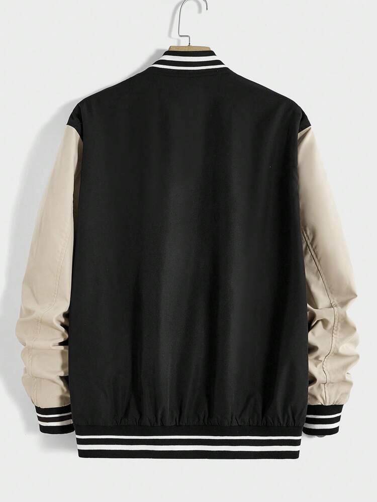 Oversized Men's Letter Patched Striped Trim Colorblocked Varsity Jacket Without Hoodie, For Fall Winter