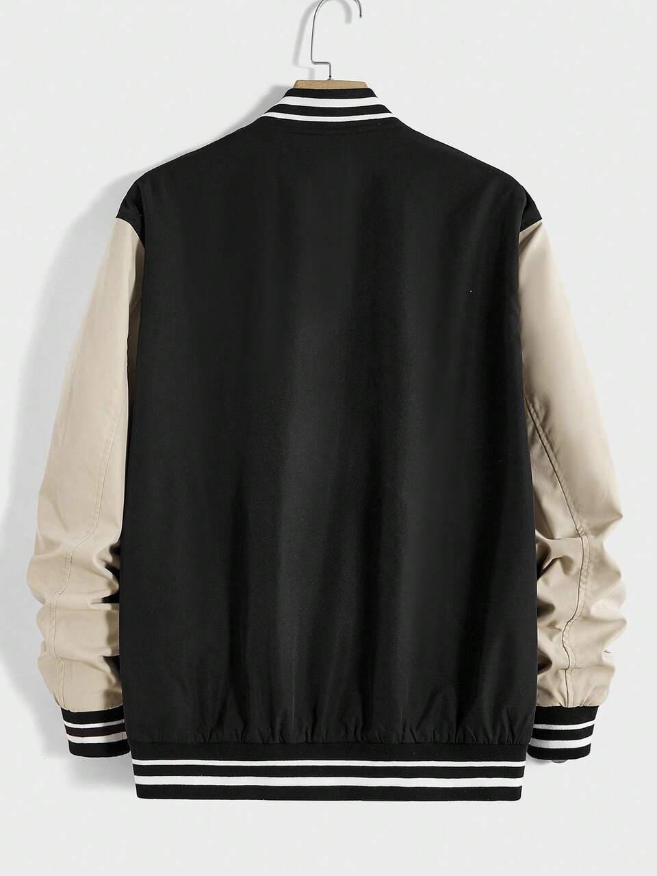 Oversized Men's Letter Patched Striped Trim Colorblocked Varsity Jacket Without Hoodie, For Fall Winter, Spring, Outdoor