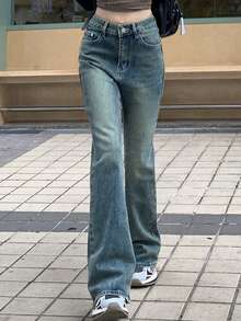 Vintage High Waisted Blue Denim Boot Cut Pants For Slimming - Blue - View 4