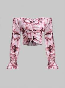 SHEIN Unity 大理石圖案一字肩荷葉袖褶邊襯衫 - 粉色 - 查看 1