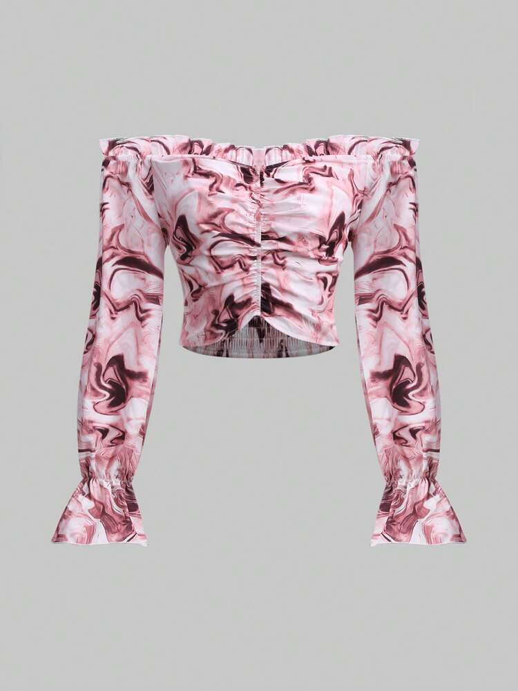 Marble Print Off Shoulder Flounce Sleeve Ruched Blouse