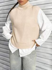 SHEIN Unity 高領素色毛衣背心 - 杏色 - 查看 3