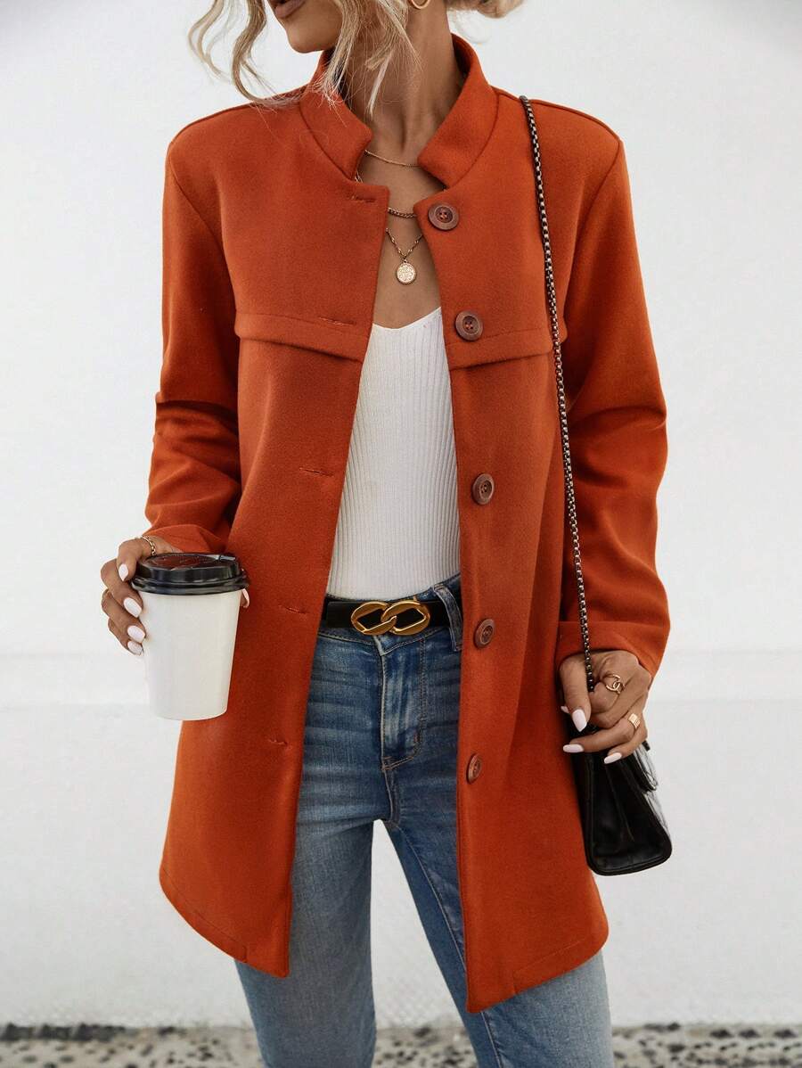 SHEIN LUNE Solid Button Front Overcoat - Red - View 1