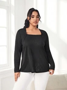 Yoga Basic Women's Plus Size Square Neck Yoga Long Sleeve Sports T-shirt - Black - View 5