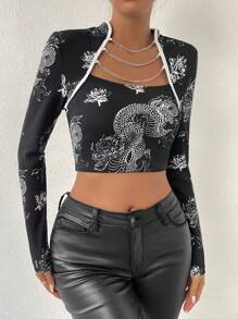 Allurite Rồng In Chi tiết chuỗi 2 trong1 Áo thun - màu đen - Xem 5