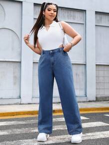 SHEIN EZwear Jeans De Pierna Recta De Talle Alto Para Talla Grande Con Detalle De Pedrería - Lavado ligero - Ver 4