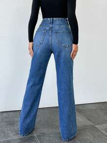 EURMUSE 高腰直腳牛仔褲,具有洗滌效果 - 中等水洗藍 - 查看 2