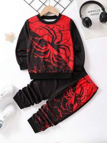 SHEIN Young Boys Spider Printed Color Block Sweatshirt And Sweatpants Set - Multicolor - View 1