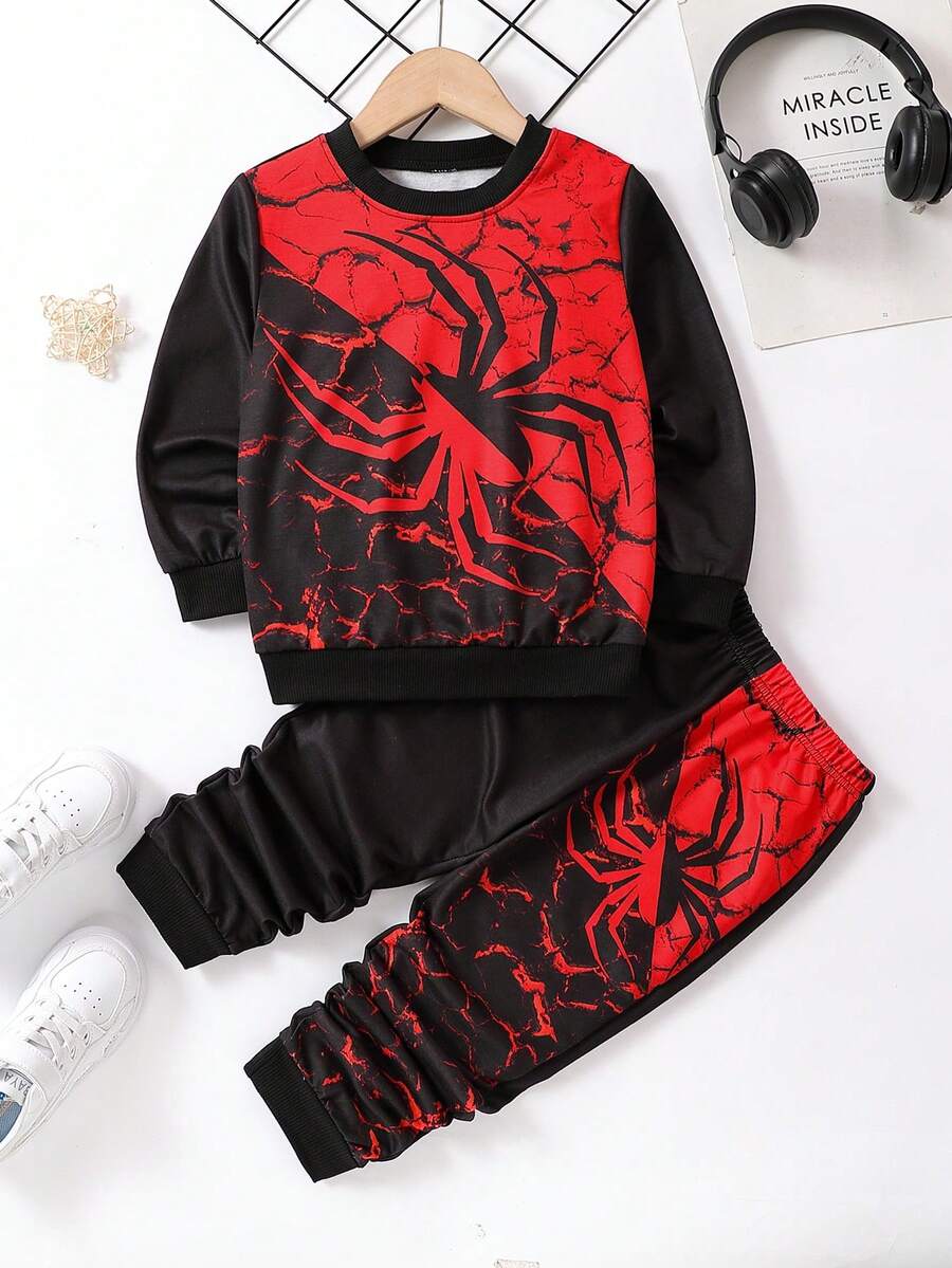 SHEIN Young Boys Spider Printed Color Block Sweatshirt And Sweatpants Set - Multicolor - View 1