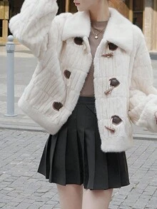 女士休闲蓬松牛角扣夹克，秋冬款 - 米色 - 查看 6