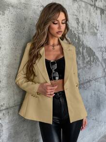 SHEIN Privé 女式雙排扣西裝外套 - 卡其色 - 查看 5