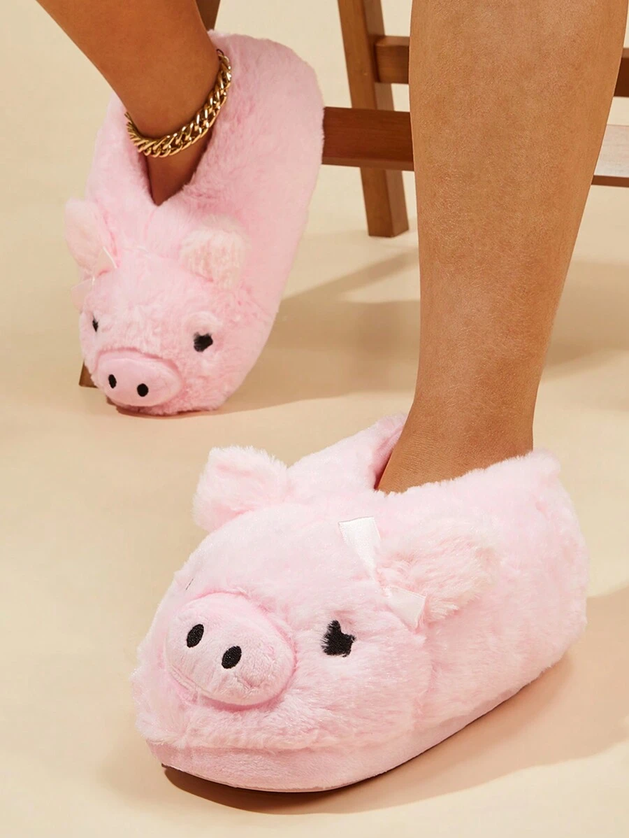 Pantuflas de cerrada con diseño de cerdo de dibujos animados para mujer, zapatillas de estar por casa cálidas para otoño/invierno - Rosa - Ver 1