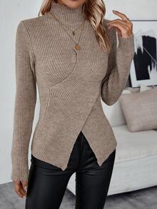 SHEIN Essnce Của phụ nữ Áo cao cổ Bọc Đầu Áo len - Màu Khaki - Xem 3