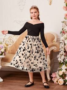 SHEIN Tween Girl Off Shoulder Cross Wrap Front Floral Mesh Overlay Dress - Black - View 4