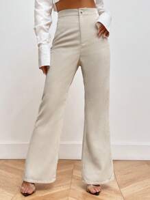 SHEIN Privé Solid Color High Waisted Corduroy Flare Pants - Khaki - View 1