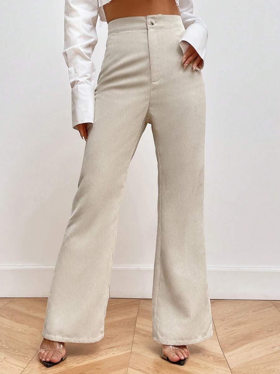 SHEIN Privé Solid Color High Waisted Corduroy Flare Pants - Khaki - View 1