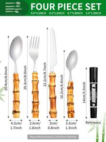 SHEIN Basic living 4 件套竹制餐具套装 18/8 不锈钢餐具套装天然竹制餐具套装勺子叉子刀竹柄餐具套装适用于厨房婚礼家居餐厅派对，创意餐具适用于圣诞节节日礼物 - 銀色 - 查看 6