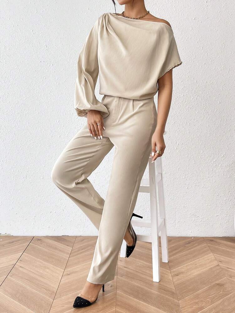 Asymmetric Collar Shirt And Pants 2pcs Set