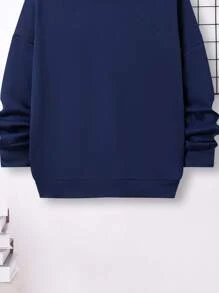 SHEIN 青少年男孩标语图案落肩保暖卫衣 - 藏蓝色 - 查看 4