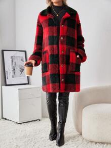 SHEIN Maternity Buffalo Plaid Pattern Drop Shoulder Teddy Coat - Red - View 6