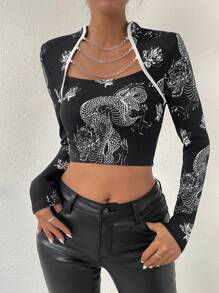 Allurite Rồng In Chi tiết chuỗi 2 trong1 Áo thun - màu đen - Xem 3