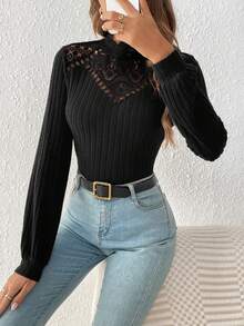 SHEIN Frenchy Lace Patchwork & Mesh Stitching Knitted Women's T-Shirt - Black - View 5