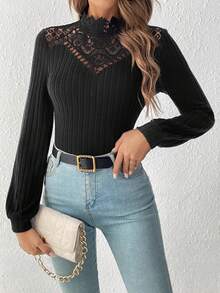 SHEIN Frenchy Lace Patchwork & Mesh Stitching Knitted Women's T-Shirt - Black - View 6