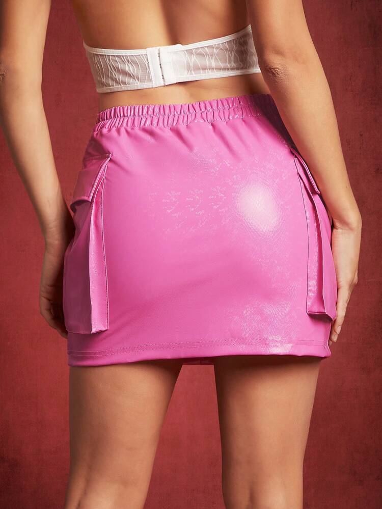 V-Cut Flap Pocket PU Leather Skirt