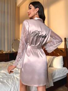 Bata de satén con cinturón, encaje y gráfico de letras, lujoso atuendo de estar en casa, otoño, invierno - Rosa Pálido - Ver 3