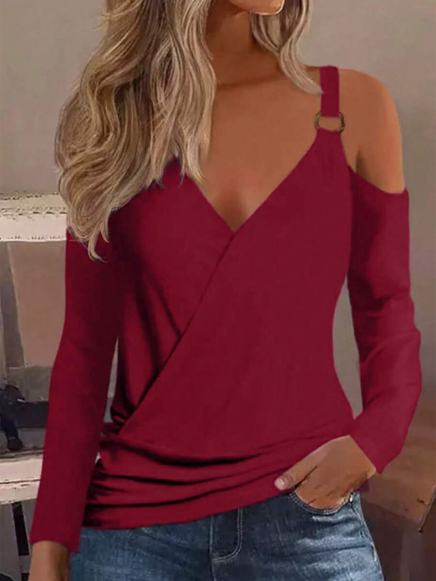 SHEIN Essnce Áo thun trễ vai nữ lạnh lùng - Màu Đỏ Sâu - Xem 1