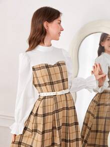 SHEIN 青少年女孩格紋印花荷葉袖洋裝不附腰帶