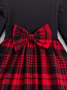 SHEIN Young Girl Plaid Patchwork School Style Dress With Bowknot Detail, Long Sleeve