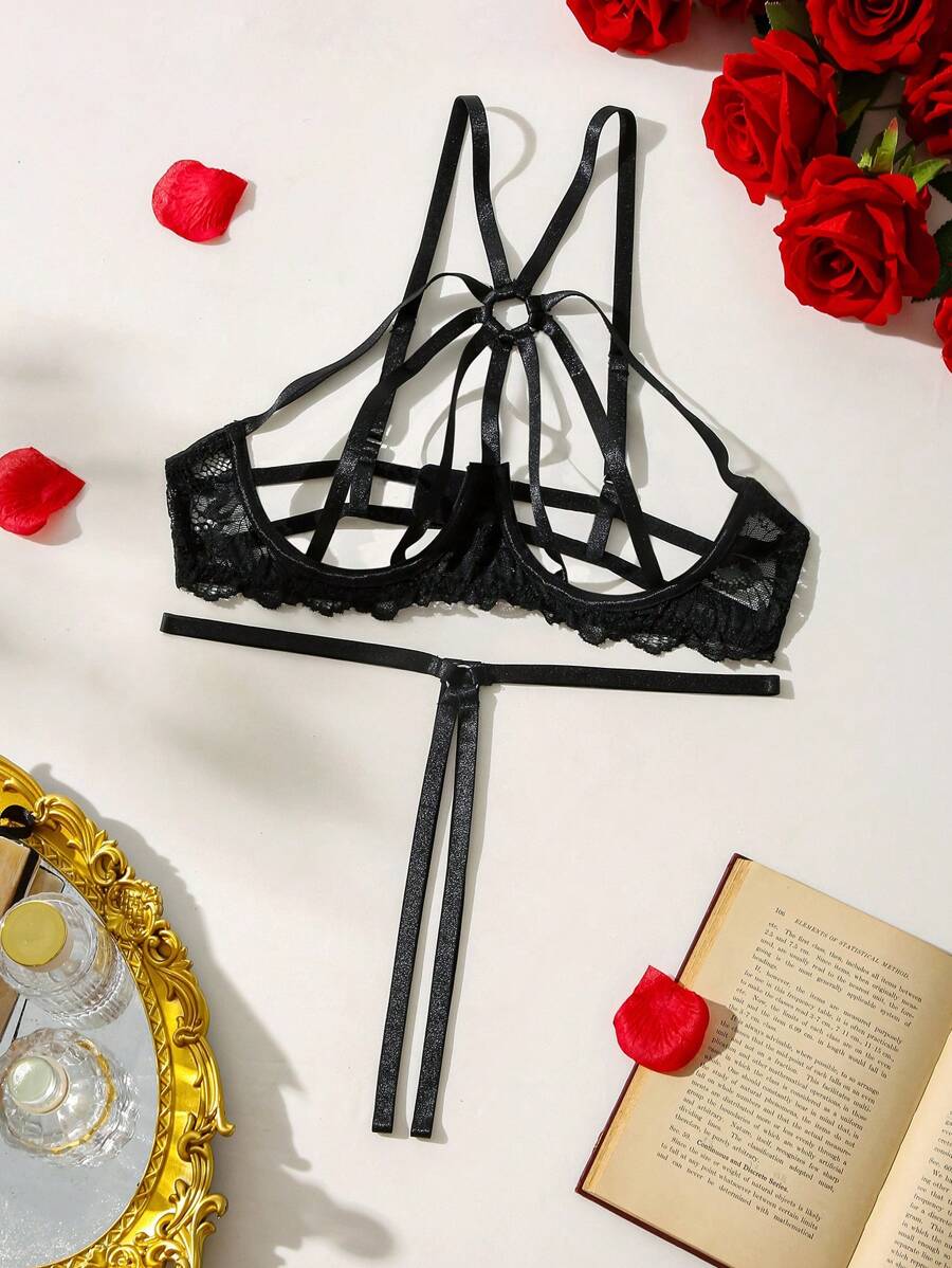 SHEIN Exotic-Bondage 女式性感內衣套裝(附鏤空胸罩和丁字褲) - 黑色 - 查看 1