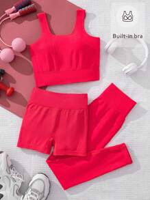SHEIN Teen Girl 3pcs Solid Sports Set - Rose Red - View 1