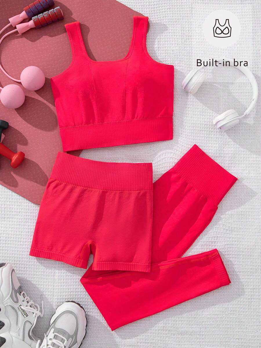 SHEIN Teen Girl 3pcs Solid Sports Set - Rose Red - View 1