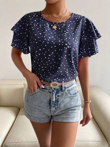 SHEIN Clasi Women's Short Sleeve Polka Dot Ruffle Shirt - Navy Blue - View 4