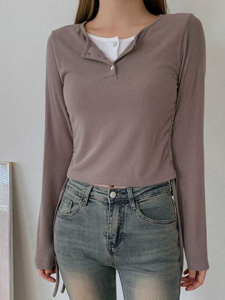 Women's Solid Color Long Sleeve Button Down T-shirt