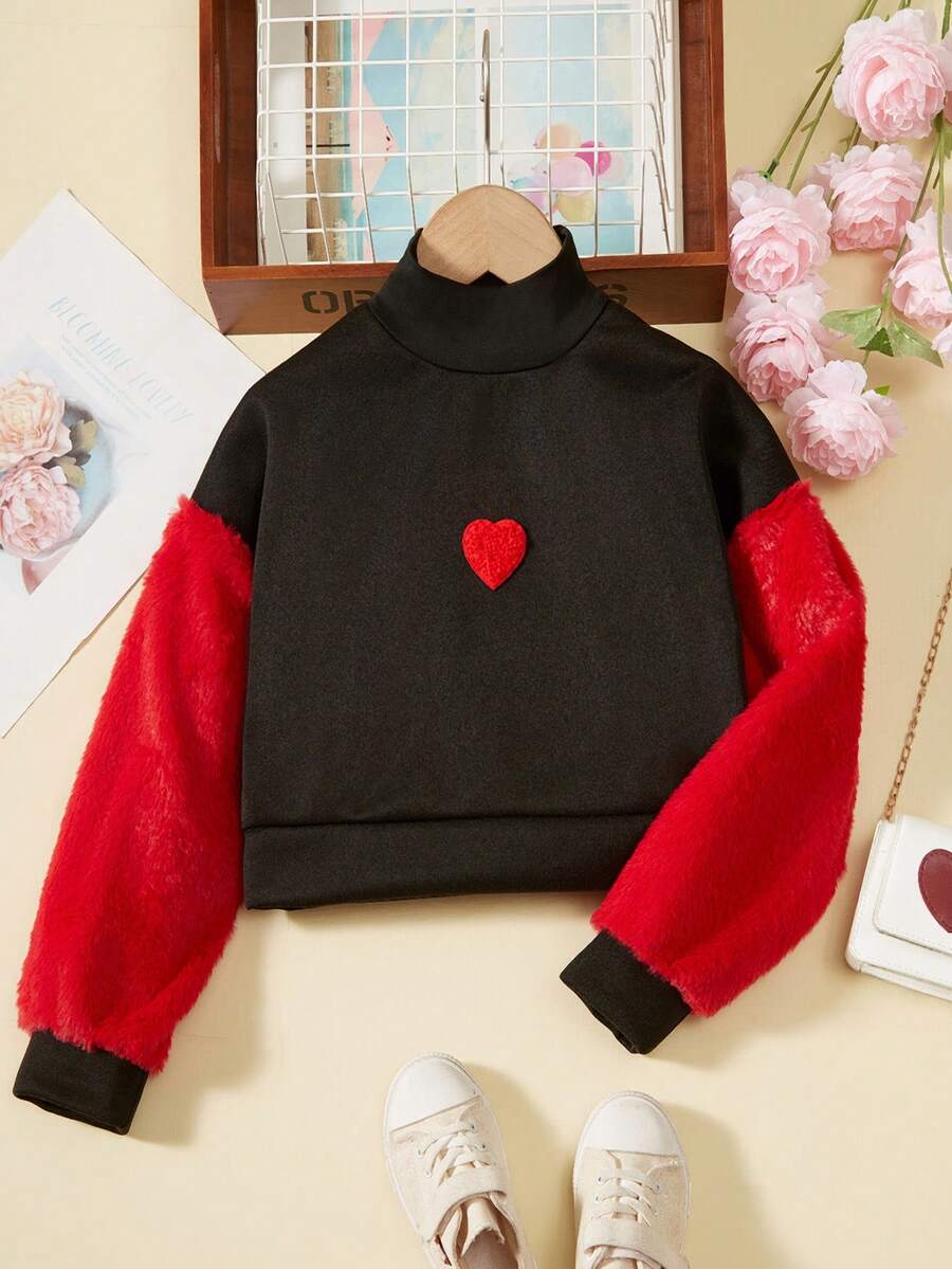 SHEIN Áo nỉ lông xù hình trái tim dễ thương phong cách đường phố dành cho bé gái tuổi teen, thích hợp mặc thường ngày. - Đỏ - Xem 1