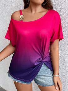 SHEIN LUNE Áo thun nữ cổ bẻ bất đối xứng viền xoắn gradient cỡ lớn Áo thun họa tiết áo thun nữ - Nhiều màu - Xem 7