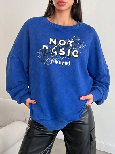 EURMUSE Text Pattern Round Neck Drop Shoulder Sleeve Sweatshirt