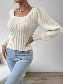 SHEIN LUNE 女士燈籠袖針織衫 - 米色 - 查看 5