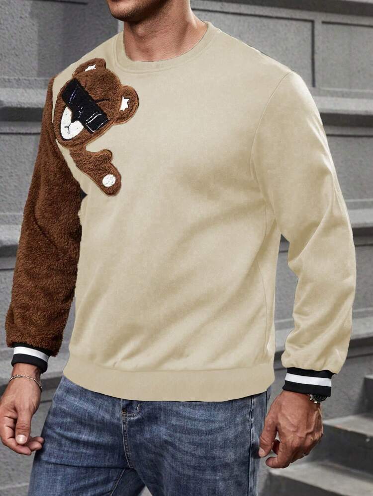 Men Plus Cartoon Bear Embroidery Fleece Patchwork Sleeve Sweatshirt