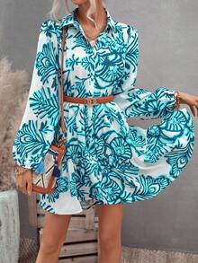 SHEIN Frenchy All-over Printed Lantern Sleeve Blouse Dress With Ruffled Hem For Women - Blue - View 3