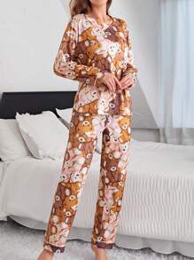Women's Bear Pattern Pajamas Set - Multicolor - View 7